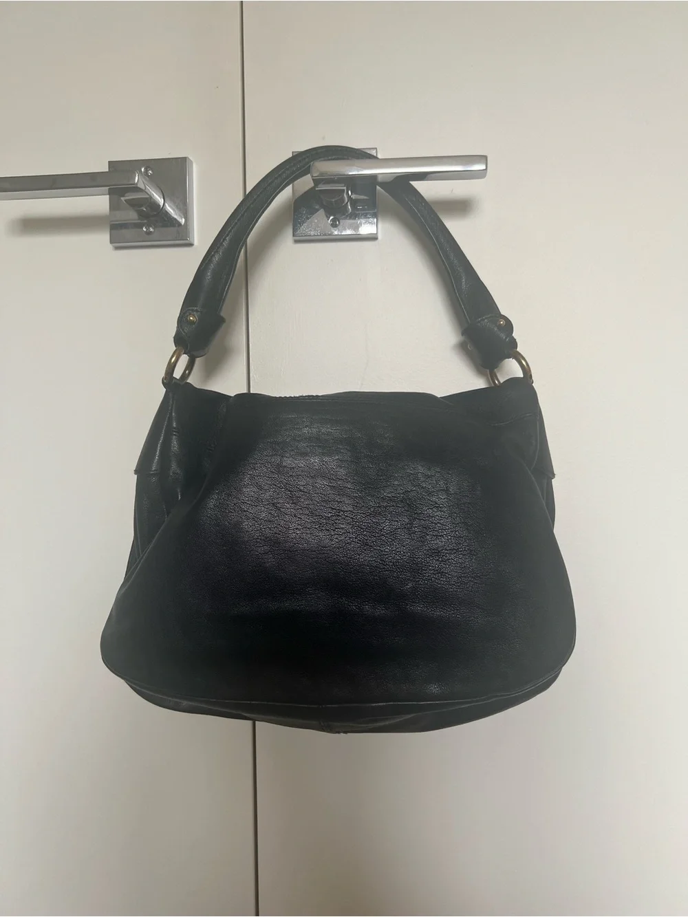 Salvatore Ferragamo Black Leather Bag with Gold-Tone Plaque